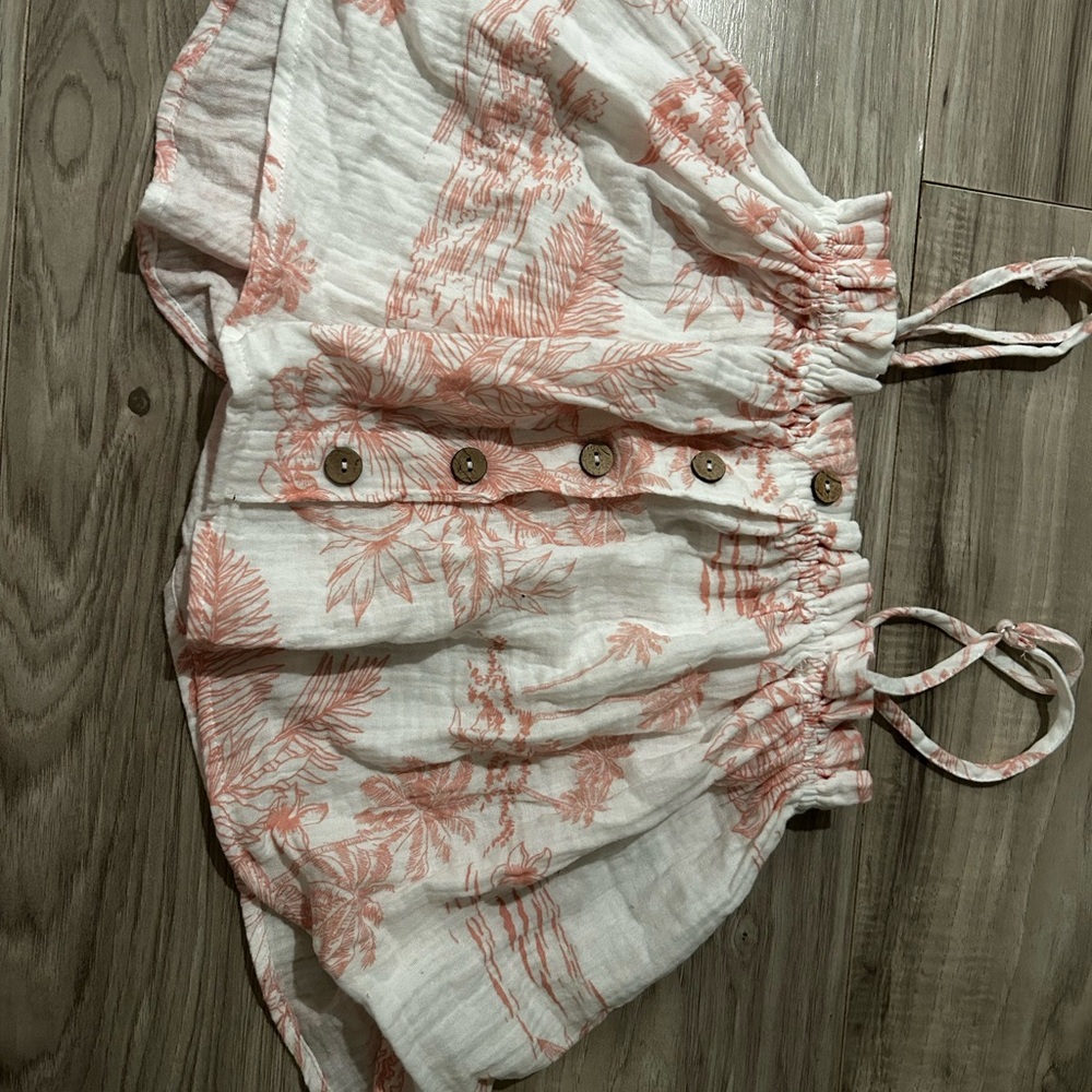 White Tank with Coral Tropical Print and Wooden Buttons